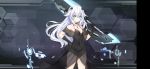  1girl azur_lane bangs black_dress black_heart breasts character_name choker cleavage company_name copyright_name dress elbow_gloves eyebrows_visible_through_hair full_body gloves hair_ornament hand_on_hip high_heels highres holding holding_sword holding_weapon jewelry long_hair looking_at_viewer medium_breasts necklace neptune_(series) official_art power_symbol see-through shiny sleeveless smile solo standing sword symbol-shaped_pupils tsunako weapon white_hair 
