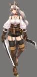 1girl absurdres animal_ears bangs bare_shoulders belt belt_collar black_legwear black_skirt boots breasts brown_footwear brown_gloves closed_mouth commentary_request dual_wielding eyebrows full_body garter_straps gloves grey_background haiiro_gundan highres holding holding_sword holding_weapon knife long_hair looking_at_viewer medium_breasts miniskirt original pouch sheath silver_hair simple_background skirt solo standing standing_on_one_leg sword thigh-highs weapon yellow_eyes 