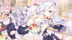  4girls ahoge anchor_hair_ornament apple_slice apron azur_lane belfast_(azur_lane) between_breasts black_gloves blue_eyes blush bow braid breasts chains cherry cleavage collar edinburgh_(azur_lane) eyebrows_visible_through_hair finger_to_mouth food frilled_skirt frills fruit glasses gloves hair_bow hair_ornament head_between_breasts highres ka022k2 kent_(azur_lane) large_breasts lavender_hair long_hair looking_at_viewer maid maid_apron maid_headdress multiple_girls one_eye_closed open_mouth pink_hair pudding red_eyes silver_hair skirt strawberry suffolk_(azur_lane) tears tray whipped_cream white_gloves 