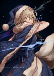  1girl artoria_pendragon_(all) bangs black_cola blue_cape blue_dress blue_hat brown_eyes cape character_name commentary_request covered_mouth dress eyebrows_visible_through_hair fate/grand_order fate_(series) fur-trimmed_cape fur-trimmed_hat fur_trim glowing glowing_sword glowing_weapon hair_between_eyes hat highres holding holding_sword holding_weapon light_brown_hair looking_at_viewer pleated_dress santa_alter santa_hat signature solo sword v-shaped_eyebrows weapon 