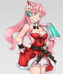  1girl bare_shoulders blue_eyes bow elbow_gloves eyebrows_visible_through_hair flower gloves hair_flower hair_ornament long_hair looking_at_viewer maria_cadenzavna_eve mismatched_gloves open_mouth pink_hair santa_costume sash senki_zesshou_symphogear simple_background single_elbow_glove skirt solo strapless thigh_strap zstrikers 