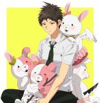  1boy ahoge branch brown_hair dangan_ronpa hinata_hajime knife monomi_(dangan_ronpa) necktie okuragon school_uniform shirt short_sleeves super_dangan_ronpa_2 sweatdrop yellow_eyes 