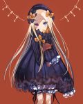  1girl abigail_williams_(fate/grand_order) bangs black_bow black_dress black_hat blonde_hair bloomers blue_eyes bow brown_background butterfly closed_mouth commentary_request cowboy_shot dress fate/grand_order fate_(series) forehead hair_bow hat heterochromia key long_hair long_sleeves looking_at_viewer ml_(xjtn3257) object_hug orange_bow parted_bangs polka_dot polka_dot_bow sleeves_past_fingers sleeves_past_wrists smile solo stuffed_animal stuffed_toy teddy_bear underwear very_long_hair violet_eyes white_bloomers 
