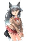  absurdres alternate_costume animal_ears bow bowtie eyebrows_visible_through_hair fox_ears fox_tail hands_together highres kemono_friends long_hair long_sleeves multicolored_hair omnisucker open_mouth school_uniform silver_fox_(kemono_friends) tail 