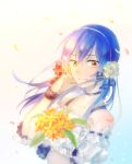  1girl bangs bare_shoulders blue_hair bouquet choker commentary_request flower hair_flower hair_ornament hand_on_own_cheek highres holding holding_bouquet long_hair looking_at_viewer love_live! love_live!_school_idol_festival love_live!_school_idol_project ribbon simple_background smile sonoda_umi upper_body walluku yellow_eyes 