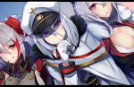  3girls :q aiguillette armpit_cutout azur_lane bangs black_gloves blue_eyes blush bra breasts cape cleavage closed_mouth collarbone crossed_bangs earrings expressionless eyebrows_visible_through_hair eyes_visible_through_hair fur-trimmed_cape fur_trim gloves graf_zeppelin_(azur_lane) hair_between_eyes hand_on_own_chin hat headgear highres iron_cross jacket jewelry large_breasts long_hair looking_at_viewer looking_away military military_uniform multicolored_hair multiple_girls nanakaku open_mouth peaked_cap prinz_eugen_(azur_lane) red_eyes redhead short_hair sidelocks silver_hair smile streaked_hair thinking tirpitz_(azur_lane) tongue tongue_out two_side_up underwear uniform very_long_hair white_gloves 