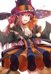  1girl :d bangs bat_wings black_choker black_cola black_hat black_wings blue_eyes choker collarbone commentary_request curled_horns demon_tail detached_sleeves dress earrings elizabeth_bathory_(fate)_(all) elizabeth_bathory_(halloween)_(fate) eyebrows_visible_through_hair fate/grand_order fate_(series) frilled_hat frills hair_between_eyes hand_up hat highres horns_through_headwear jack-o&#039;-lantern jack-o&#039;-lantern_earrings jewelry long_hair long_sleeves looking_at_viewer open_mouth pink_hair pointy_ears sidelocks smile solo star star_print strapless strapless_dress striped tail vertical-striped_dress vertical_stripes very_long_hair wings witch_hat 