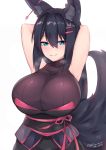  1girl armpits arms_up black_hair blue_eyes blush breasts eyebrows eyebrows_visible_through_hair fox_tail hair_ornament hairclip huge_breasts kuavera long_hair raised_eyebrows simple_background smile solo steam sweat tail turtleneck twitter_username white_background 