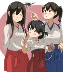  3girls aircraft airplane akagi_(kantai_collection) black_hair blue_skirt blush bomb breasts brown_eyes brown_gloves closed_eyes closed_mouth gloves hair_between_eyes highres japanese_clothes kaga_(kantai_collection) kantai_collection kasuga_maru_(kantai_collection) kimono large_breasts long_hair medium_hair multiple_girls red_skirt simple_background skirt small_breasts tama_(seiga46239239) torpedo 