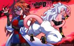  2girls android_21 ass blue_eyes character_name cupcake darwin_nunez dragon_ball dragon_ball_fighterz dual_persona earrings food glasses harem_pants high_heel_boots highres hoop_earrings jewelry kneeling labcoat looking_at_viewer majin_(race) majin_android_21 messy_hair multiple_girls pants pantyhose pink_skin prehensile_tail red_eyes tail white_eyebrows white_hair 