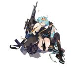  1girl asymmetrical_legwear back_tattoo black_panties blue_hair boots fingerless_gloves from_behind full_body girls_frontline gloves grenade_launcher gun knife looking_at_viewer looking_back nineo official_art orange_eyes panties rifle simple_background tattoo thigh-highs torn_clothes torn_thighhighs tramp_stamp underwear weapon zas_m21_(girls_frontline) zastava_m21 