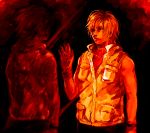  1girl alessa_gillespie blonde_hair breasts commentary_request dual_persona enigma_(nig69) heather_mason jacket memory_of_alessa mirror reflection short_hair silent_hill silent_hill_3 skirt sleeveless sleeveless_turtleneck solo turtleneck vest wristband 