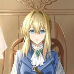  1girl bangs blonde_hair blue_eyes blue_jacket braid chair eyebrows_visible_through_hair hair_between_eyes hair_intakes highres jacket jewelry long_sleeves looking_at_viewer sitting solo user_awm7451 violet_evergarden violet_evergarden_(character) 