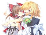  2girls ;d blonde_hair blush boots brown_hair commentary expressionless hakurei_reimu hug ina_(inadahime) index_finger_raised kirisame_marisa multiple_girls one_eye_closed open_mouth red_eyes sitting smile touhou v yellow_eyes 