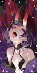  1girl breasts cherry_blossoms fangs fate/grand_order fate_(series) highres horns jewelry oni open_mouth pale_skin purple_hair short_hair shuten_douji_(fate/grand_order) signature small_breasts tongue violet_eyes yang-do 