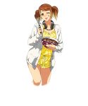  1girl blush bowl brown_eyes brown_hair coat hair_ornament headphones headphones_around_neck heart_hair_ornament holding legs_crossed long_sleeves looking_at_viewer messy nose_blush official_art olive_oppert one_eye_closed open_clothes open_coat short_twintails solo super_robot_wars super_robot_wars_x-omega transparent_background twintails unbuttoned watanabe_wataru 
