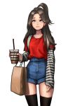  1girl bag bangs black_legwear blouse blue_shorts brown_eyes brown_hair crying crying_with_eyes_open drinking_cup drinking_straw highres holding jungon_kim long_hair long_sleeves looking_at_viewer original parted_bangs parted_lips red_blouse short_shorts shorts simple_background solo standing tears thigh-highs white_background 