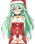  1girl aikawa_ryou alternate_costume bell blush choker commentary_request fur_trim green_eyes green_hair hair_between_eyes hat highres kantai_collection long_hair open_mouth santa_costume santa_hat simple_background solo white_background yamakaze_(kantai_collection) 