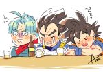  3boys alcohol annoyed armor artist_name azu_(kirara310) beer black_hair blue_hair blush blush_stickers bottle closed_eyes crying cup dougi dragon_ball dragon_ball_super dragonball_z drink drinking_glass drooling eyebrows_visible_through_hair father_and_son frown gloves jacket kerchief looking_away male_focus multiple_boys open_mouth short_hair simple_background sitting sleeping son_gokuu spiky_hair sweatdrop table tears trunks_(dragon_ball) vegeta white_background wristband zzz 