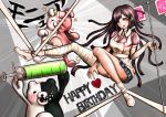  1girl apron bandage bandaged_arm bandaged_leg black_hair blush brown_hair dangan_ronpa hair_ornament highres intravenous_drip long_hair monokuma monomi_(dangan_ronpa) oyume pleated_skirt skirt super_dangan_ronpa_2 syringe tsumiki_mikan 