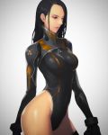  1girl black_hair black_leotard bodysuit breasts from_side highleg highleg_leotard hips hong_soon-jae leotard lips long_hair medium_breasts original parted_lips science_fiction skin_tight solo 