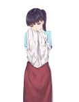  1girl apron black_hair blouse blue_blouse bow bowtie cafe_maid closed_mouth cowboy_shot fangxiang_cuoluan highres holding koi_wa_ameagari_no_you_ni long_hair ponytail shirt simple_background solo tachibana_akira violet_eyes white_shirt 