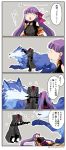  1boy 1girl 4koma :d ? animal asaya_minoru bangs bare_shoulders black_footwear black_gloves black_shirt boots breasts cleavage closed_eyes coat comic elbow_gloves eyebrows_visible_through_hair fate/extra fate/extra_ccc fate/grand_order fate_(series) flying_sweatdrops gloves grey_coat grey_pants hair_ribbon headless hessian_(fate/grand_order) knee_boots large_breasts lobo_(fate/grand_order) long_hair long_sleeves lying o-ring o-ring_top on_back open_mouth pants parted_lips passion_lip petting pink_skirt purple_hair purple_neckwear purple_ribbon ribbon shirt skirt sleeveless sleeveless_shirt smile standing tongue tongue_out translation_request twitter_username very_long_hair wolf 