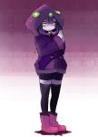  1girl absurdres alternate_costume ankle_boots bike_shorts black_legwear boots closed_mouth commentary extra_eyes full_body gradient gradient_background hands_together highres hood hood_up hoodie latenight long_sleeves looking_at_viewer monster_girl_encyclopedia purple_footwear purple_hair purple_hoodie purple_skin shoggoth_(monster_girl_encyclopedia) simple_background smile solo standing thigh-highs yellow_eyes 