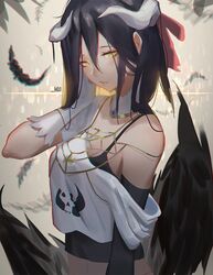  1girl albedo bare_shoulders black_hair black_sleeves black_tank_top black_wings demon_girl demon_horns gloves hair_between_eyes horns krin off-shoulder_shirt overlord_(maruyama) shirt white_gloves wings yellow_eyes 