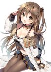  1girl bangs blush breasts brown_eyes brown_hair cleavage collarbone eyebrows_visible_through_hair fingerless_gloves girls_frontline gloves hair_ornament hairclip k-2_(girls_frontline) large_breasts long_hair looking_at_viewer mauve navel open_mouth pantyhose salute simple_background sitting solo white_background 