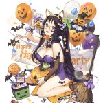  1girl animal_ears balloon banner bat black_hair blue_eyes breasts broom candy cape cat_ears cleavage collar confetti detached_sleeves dress fake_animal_ears food hair_ornament holding_bag jack-o&#039;-lantern large_breasts lollipop long_hair official_art open_mouth pumpkin red-framed_eyewear semi-rimless_eyewear skirt solo star star_hair_ornament strapless strapless_dress transparent_background twintails uchi_no_hime-sama_ga_ichiban_kawaii under-rim_eyewear vampire_costume whoisshe wrist_cuffs 