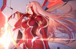  1girl :p bangs blood blood_on_face blunt_bangs bodysuit breasts character_request commentary_request covered_navel darling_in_the_franxx eyebrows_visible_through_hair floating_hair green_eyes hand_up highres izumi_sai large_breasts licking_lips light_particles light_rays long_hair looking_at_viewer mecha pink_hair red_bodysuit solo standing strelizia sunlight tongue tongue_out zero_two_(darling_in_the_franxx) 