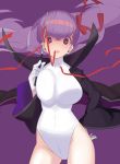  bb_(fate/extra_ccc) breasts fate/extra fate/extra_ccc fate_(series) gloves hand_on_hip large_breasts leotard long_hair looking_at_viewer open_mouth pu purple_background purple_hair simple_background teeth white_gloves yuuki_(irodo_rhythm) 