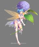  1girl antennae barefoot_sandals blue_hair bodysuit bow bowtie breasts cleavage company_name double_bun fairy fairy_wings fantasy feet flower full_body grey_background gyakushuu_no_fantasica leaf millgua no_shoes official_art open_mouth simple_background solo thigh-highs toeless_legwear toes wings yellow_eyes 