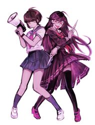  2girls ahoge blue_skirt brown_hair dangan_ronpa full_body genocider_shou long_hair looking_at_viewer megaphone miniskirt multiple_girls naegi_komaru pleated_skirt school_uniform scissors serafuku short_hair skirt thigh-highs yellow_eyes zettai_zetsubou_shoujo 