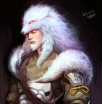  1boy alternate_costume beard dated facial_hair facial_mark fur_trim hanzo_(overwatch) lone_wolf_hanzo looking_at_viewer male_focus overwatch simple_background solo upper_body white_hair wolf_hood yang_hm 