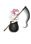  1girl :&lt; bare_arms bare_shoulders blush breasts collarbone commentary_request eyebrows_visible_through_hair getting_over_it hair_bobbles hair_ornament highres holding holding_scythe in_pot large_breasts looking_up midriff_peek onozuka_komachi parody pink_eyes pink_hair pot sarashi scythe short_hair solo touhou transparent_background two_side_up yassy 
