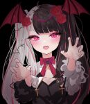  1girl :d ahoge bangs black_background black_dress black_hair blush bow claw_pose dress eyebrows_visible_through_hair fang flower grey_hair hair_flower hair_ornament hands_up head_wings keichan_(user_afpk7473) long_hair long_sleeves looking_at_viewer multicolored_hair nijisanji red_bow red_eyes red_flower red_rose red_wings redhead rose simple_background smile solo streaked_hair twintails two-tone_hair upper_body virtual_youtuber wings yorumi_rena 