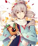  1boy fire_emblem fire_emblem_heroes fire_emblem_if food fruit grey_hair japanese_clothes kimono leaf long_hair male_focus mochi orange orange_eyes ponytail scarf simple_background solo takumi_(fire_emblem_if) tida_2112 upper_body wagashi white_background 