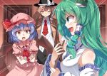  3girls :&lt; :d bare_shoulders bat_wings black_skirt blue_hair brooch brown_hair closed_eyes commentary_request cravat crossed_arms d: detached_sleeves e.o. emphasis_lines frog_hair_ornament frown gohei green_eyes green_hair hair_ornament hair_ribbon hand_on_headwear hat indoors jewelry kochiya_sanae long_hair looking_at_another mob_cap multiple_girls necktie open_mouth profile puffy_short_sleeves puffy_sleeves red_eyes red_neckwear remilia_scarlet ribbon sarashi shirt short_hair short_sleeves sideways_mouth skirt skirt_set smile snake_hair_ornament tie_clip touhou trench_coat tress_ribbon untucked_shirt usami_renko v-shaped_eyebrows wings wrist_cuffs 