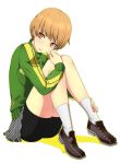  1girl bike_shorts breasts brown_eyes brown_hair green_jacket highres jacket lisvanpiece long_legs persona persona_4 satonaka_chie short_hair simple_background sitting socks solo track_jacket white_background 