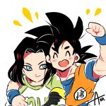  2boys android_17 arm_over_shoulder artist_name azu_(kirara310) black_hair blue_eyes clenched_hand closed_eyes dougi dragon_ball dragon_ball_super dragonball_z earrings gloves green_shirt happy jewelry long_sleeves looking_at_another male_focus multiple_boys open_mouth shirt short_hair simple_background smile son_gokuu spiky_hair white_background white_shirt wristband 