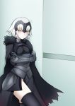  1girl :&lt; absurdres armor armored_dress bangs black_cat black_dress black_legwear blush breasts cape cat closed_mouth commentary_request crossed_arms dress eyebrows_visible_through_hair fate/grand_order fate_(series) fur-trimmed_cape fur_trim gauntlets groin hair_between_eyes headpiece highres indoors jeanne_d&#039;arc_(alter)_(fate) jeanne_d&#039;arc_(fate)_(all) looking_at_viewer medium_breasts nose_blush short_hair silver_hair solo sweat thigh-highs v-shaped_eyebrows yagyuu_katsuda yellow_eyes 