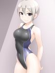  1girl arms_behind_back black_eyes black_swimsuit breasts collarbone competition_swimsuit covered_navel cowboy_shot hair_between_eyes idolmaster idolmaster_cinderella_girls looking_at_viewer medium_breasts one-piece_swimsuit pataniito shiomi_shuuko short_hair silver_hair smile solo standing swimsuit 