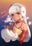 1girl absurdres altera_(fate) altera_the_santa artist_name bangs bare_shoulders blush box christmas closed_mouth collarbone commentary_request dark_skin detached_sleeves dress earmuffs eyebrows_visible_through_hair fate/grand_order fate_(series) gift gift_box head_tilt highres holding holding_gift long_hair looking_at_viewer merry_christmas misaka76 mittens red_dress red_eyes sketch sleeveless sleeveless_dress smile solo veil white_hair white_mittens 