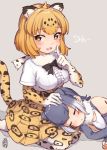  2girls bare_shoulders blush bow bowtie closed_eyes finger_to_mouth fingerless_gloves fur_collar gloves hatagaya jaguar_(kemono_friends) jaguar_ears jaguar_print jaguar_tail kemono_friends kneeling lap_pillow multicolored_hair multiple_girls one-piece_swimsuit open_mouth otter_ears short_hair shushing skirt sleeping small-clawed_otter_(kemono_friends) swimsuit 