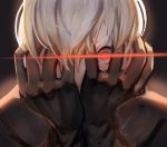  1boy 1girl alternate_eye_color bangs black_gloves gloves hands_on_own_face looking_at_viewer male_focus nier_(series) nier_automata portrait red_eyes solo staring stellarien white_hair yorha_no._9_type_s 