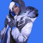  1girl adjusting_clothes ana_(overwatch) black_gloves blue_background brown_eyes closed_mouth coat eyepatch facial_tattoo fur-trimmed_coat fur_trim gloves hood hood_down hood_up hooded_coat lips long_hair long_sleeves looking_at_viewer old_woman one_eye_covered open_clothes open_coat overwatch silver_hair simple_background smile solo sukja tattoo underwear upper_body white_coat winter_clothes winter_coat 