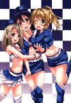  3girls ayase_arisa ayase_eli bangs blonde_hair blue_eyes blue_hair blue_skirt blush boots checkered checkered_background earrings eyebrows_visible_through_hair hair_between_eyes hair_ornament hairclip hand_on_another&#039;s_hip hand_on_another&#039;s_shoulder hat highres hino_minato_(spec.c) hug jewelry leg_up long_hair looking_at_viewer love_live! love_live!_school_idol_project multiple_girls navel one_eye_closed open_mouth ponytail sandwiched scan scrunchie skirt skirt_tug sonoda_umi thigh-highs thigh_boots yellow_eyes 