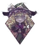  1girl abstract ashitano_kirin blonde_hair bow close-up diamond_(shape) face hat hat_bow highres kirisame_marisa long_hair portrait purple_bow smile solo touhou white_bow witch_hat 